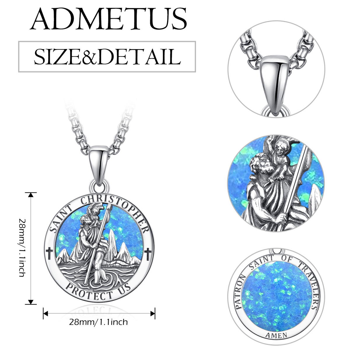 Sterling Silver Opal Saint Christopher Pendant Necklace with Engraved Word for Men-5