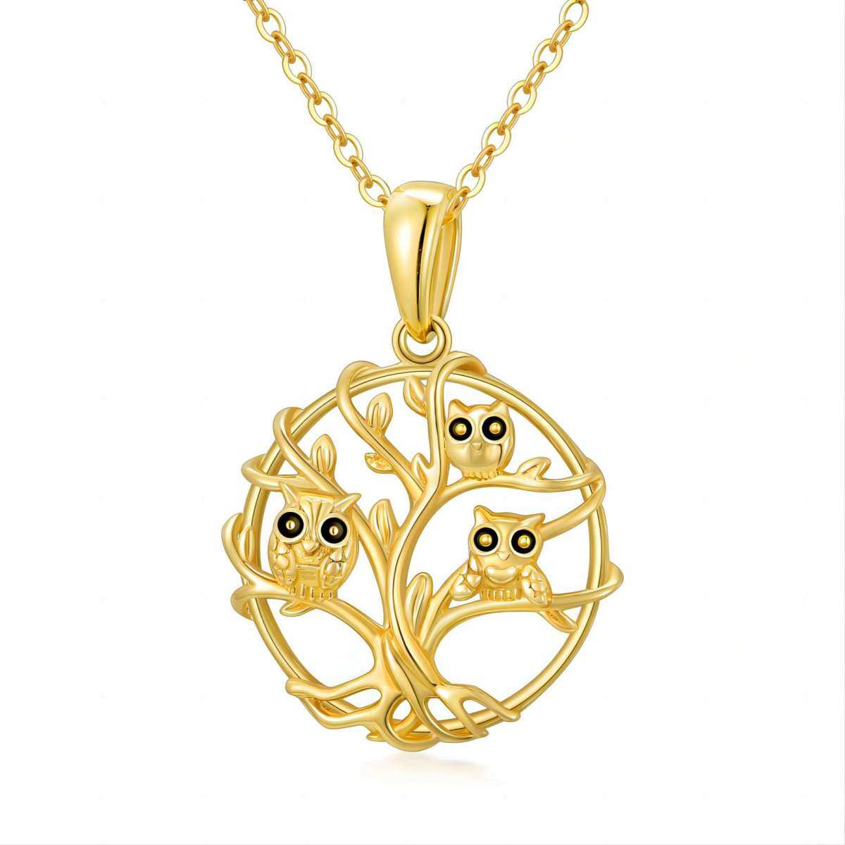 14K Gold Owl & Tree Of Life Pendant Necklace-1