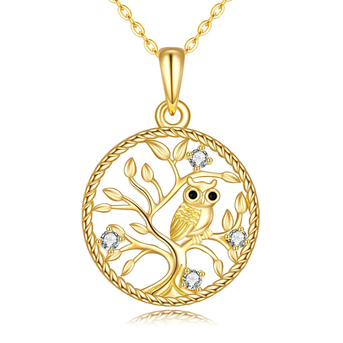 14K Gold Circular Shaped Cubic Zirconia Owl & Tree Of Life Pendant Necklace-1