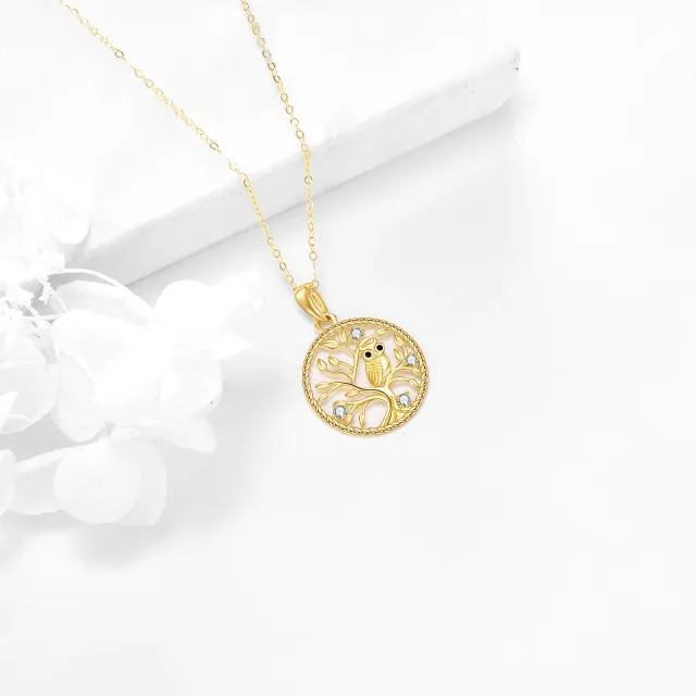 14K Gold Circular Shaped Cubic Zirconia Owl & Tree Of Life Pendant Necklace-2