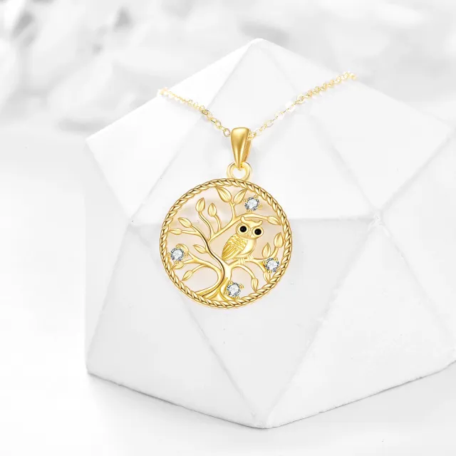 14K Gold Circular Shaped Cubic Zirconia Owl & Tree Of Life Pendant Necklace-3