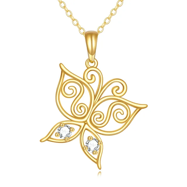 14K Gold Circular Shaped Cubic Zirconia Butterfly Pendant Necklace-0