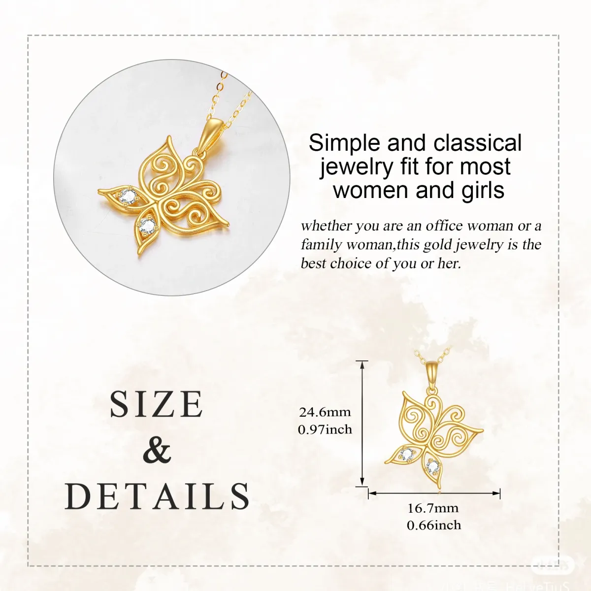 14K Gold Circular Shaped Cubic Zirconia Butterfly Pendant Necklace-5