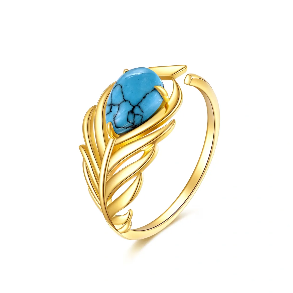 14K Gold Oval Shaped Turquoise Feather Open Ring-1