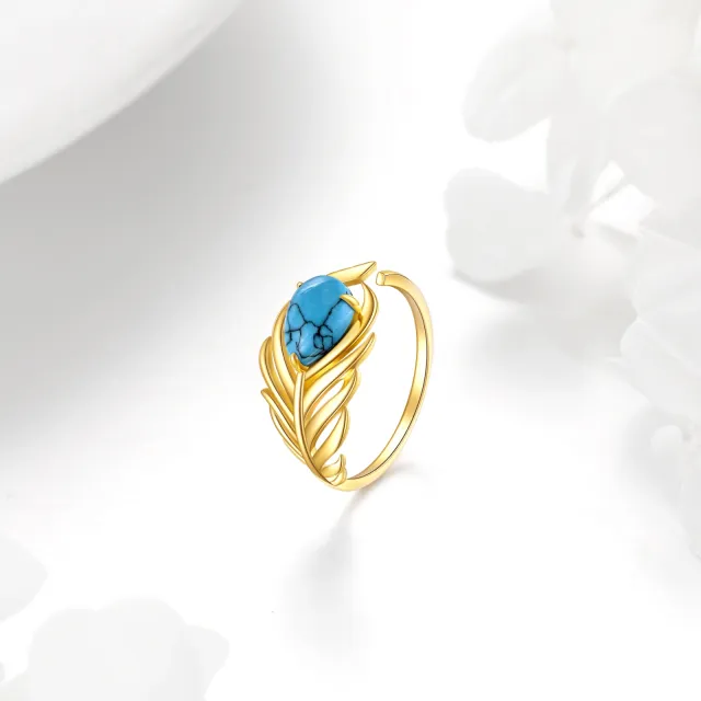14K Gold Oval Shaped Turquoise Feather Open Ring-2