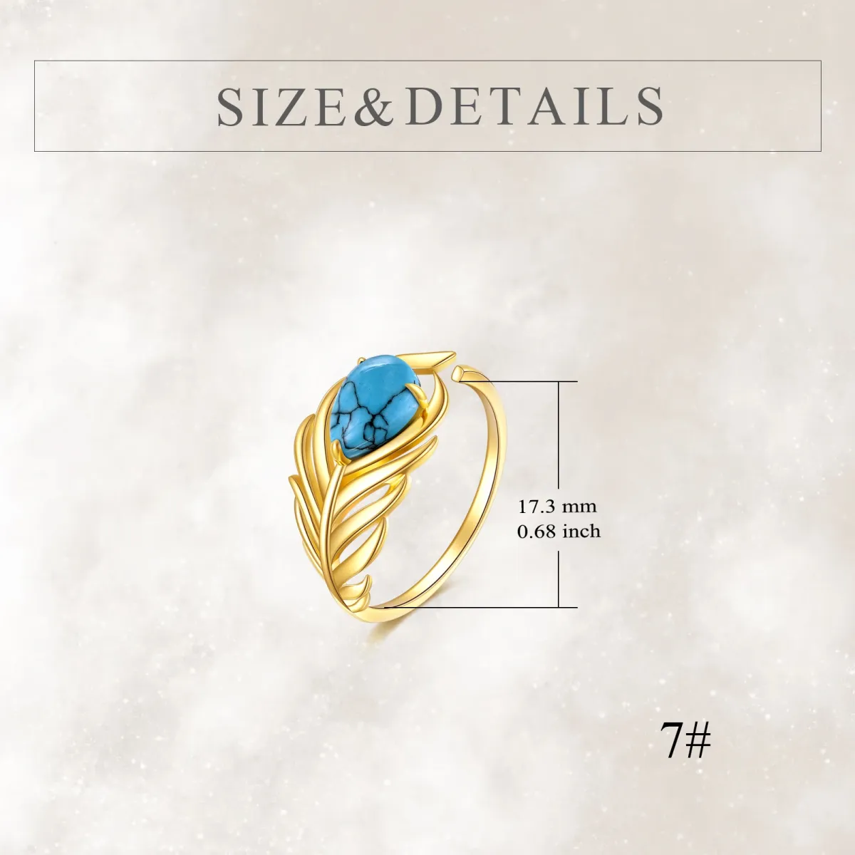 14K Gold Oval Shaped Turquoise Feather Open Ring-5