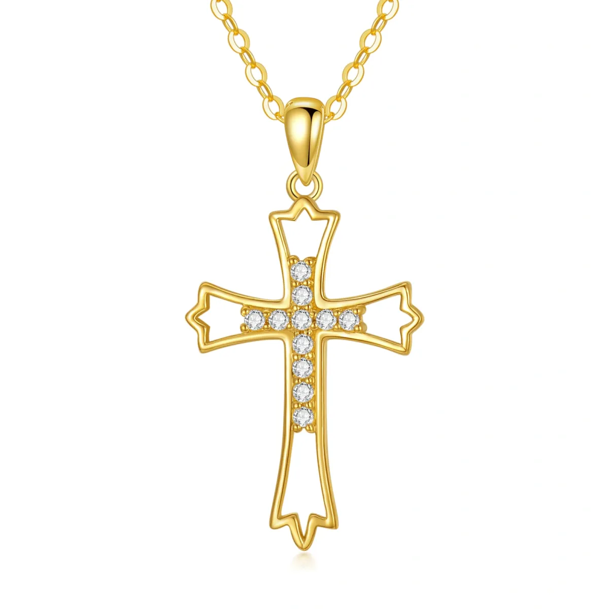 14K Gold Circular Shaped Zircon Cross & Filigree Pendant Necklace-1
