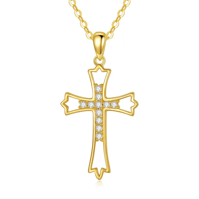 14K Gold Circular Shaped Zircon Cross & Filigree Pendant Necklace-0