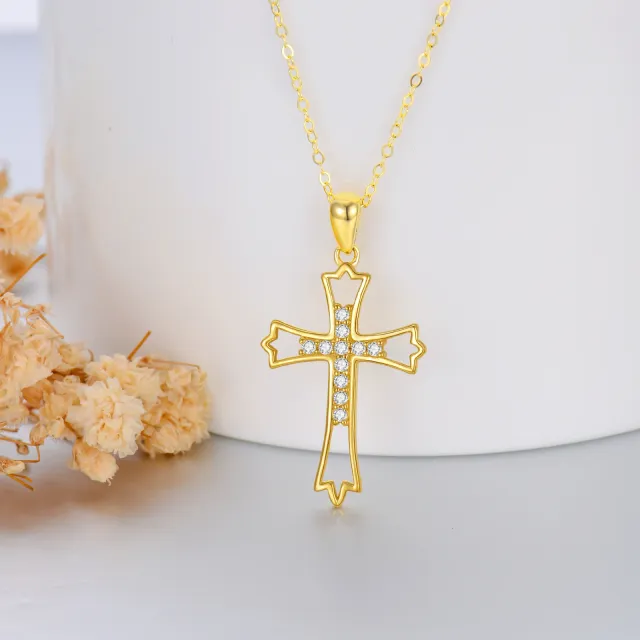 14K Gold Circular Shaped Zircon Cross & Filigree Pendant Necklace-2