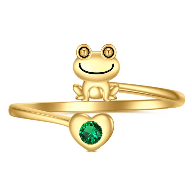 Bague ouverte en or 14K en forme de coeur et de grenouille en cristal-0