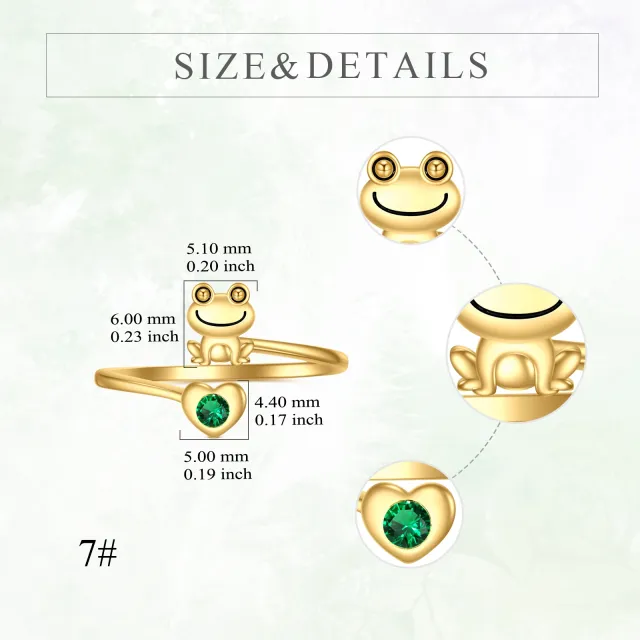 14K Gold Herzförmiger Kristall Frosch & Herz Offener Ring-4