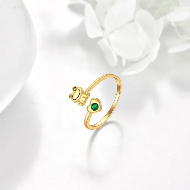 14K Gold Herzförmiger Kristall Frosch & Herz Offener Ring-2