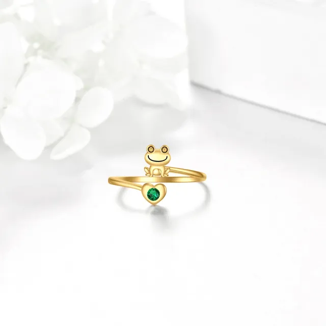 14K Gold Herzförmiger Kristall Frosch & Herz Offener Ring-3