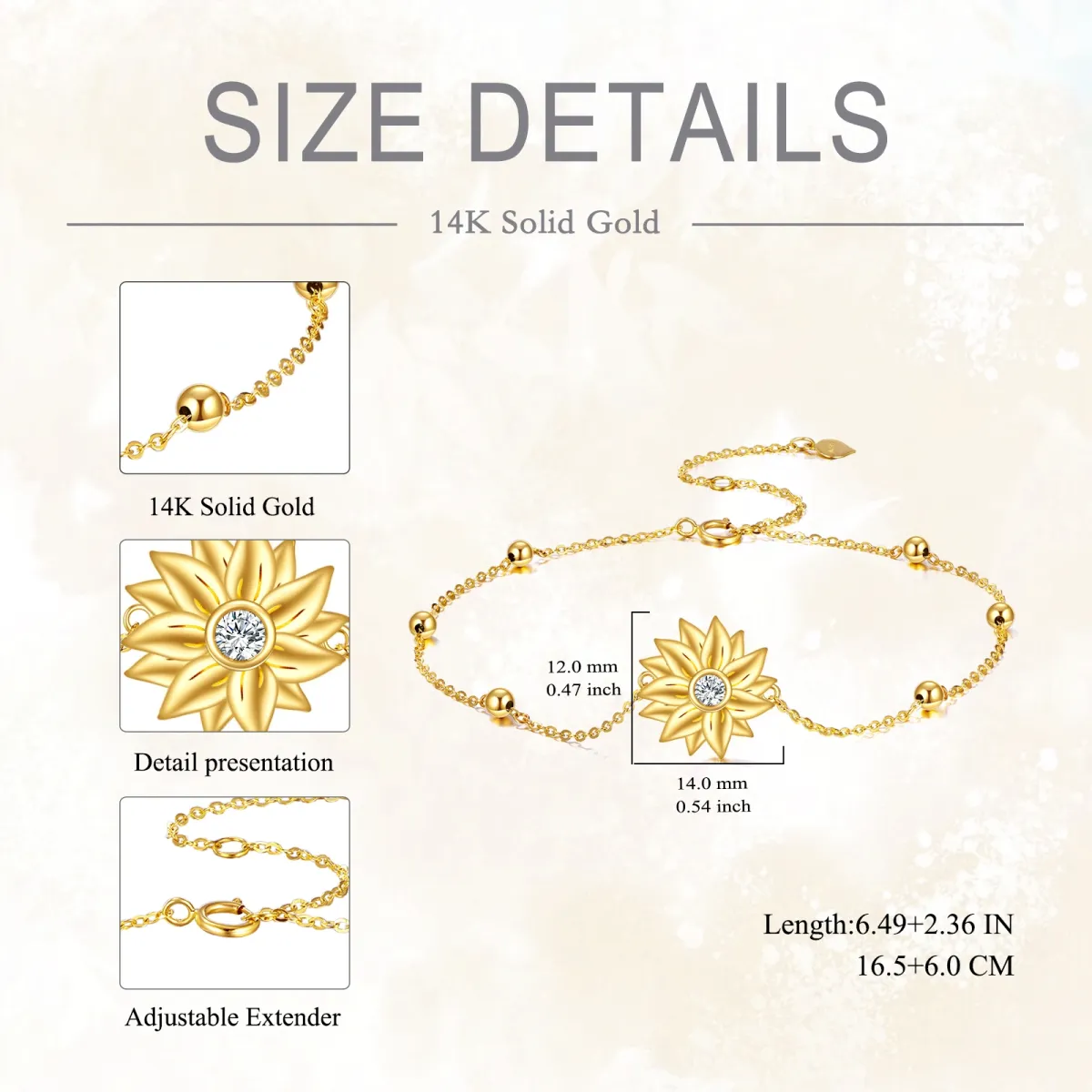 14K Gold Circular Shaped Zircon Sunflower Pendant Bracelet-5