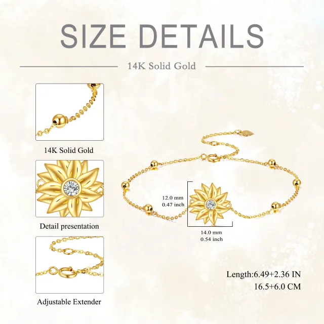 14K Gold Circular Shaped Zircon Sunflower Pendant Bracelet-4
