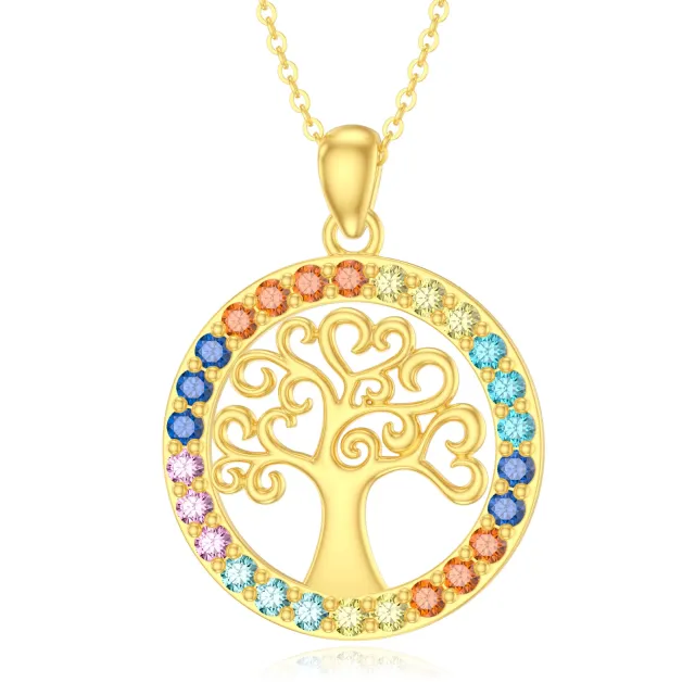 14K Gold Circular Shaped Zircon Tree Of Life & Chakras Pendant Necklace-0