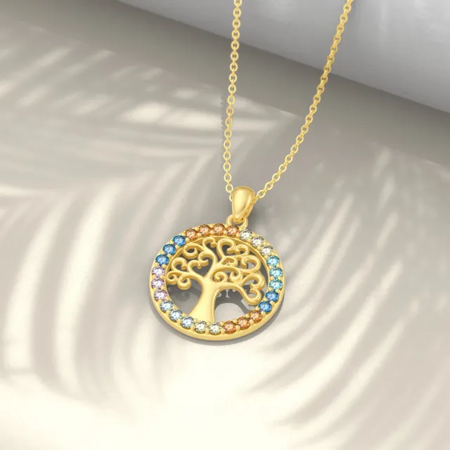 14K Gold Circular Shaped Zircon Tree Of Life & Chakras Pendant Necklace-2