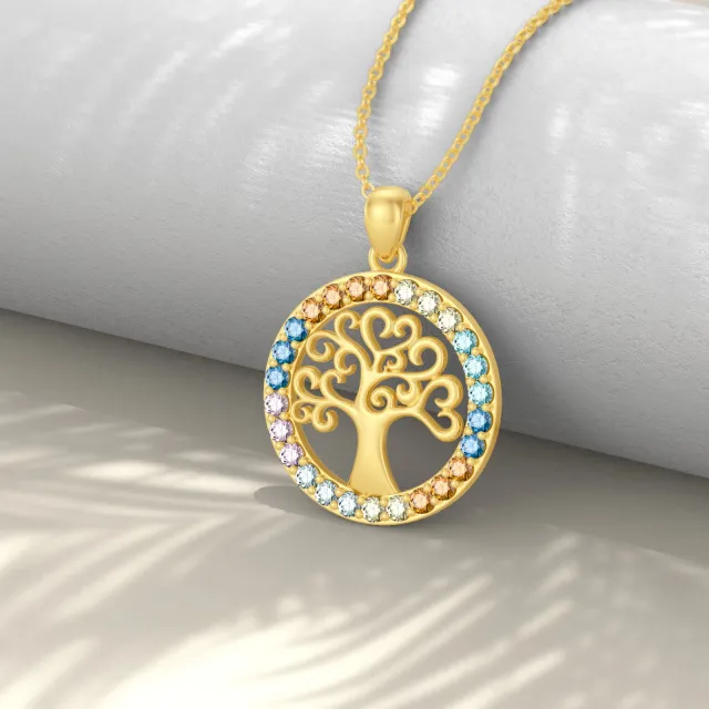 14K Gold Circular Shaped Zircon Tree Of Life & Chakras Pendant Necklace-3