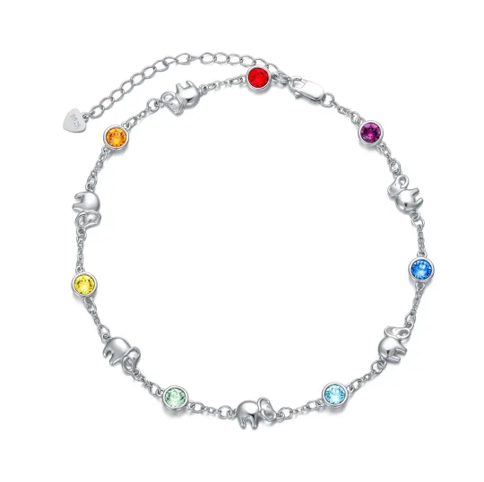 Sterling Silver Circular Shaped Crystal Elephant Single Layer Anklet