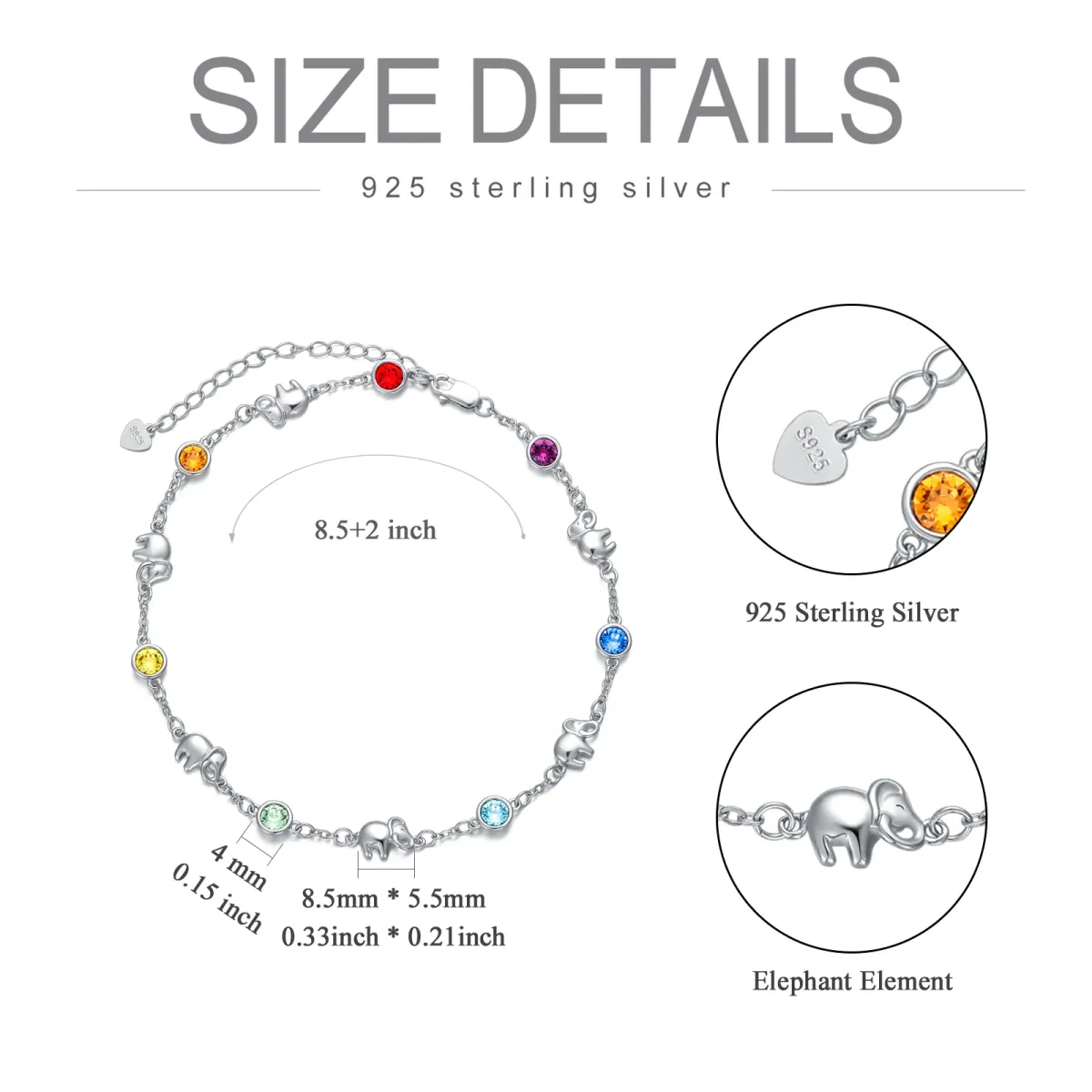 Sterling Silber kreisförmig Kristall Elefant einlagig Fußkettchen-5