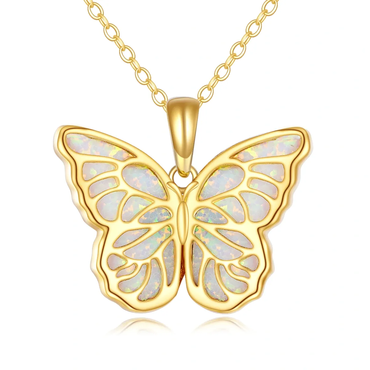 14K Gold Opal Hollow Butterfly Pendant Necklace-1