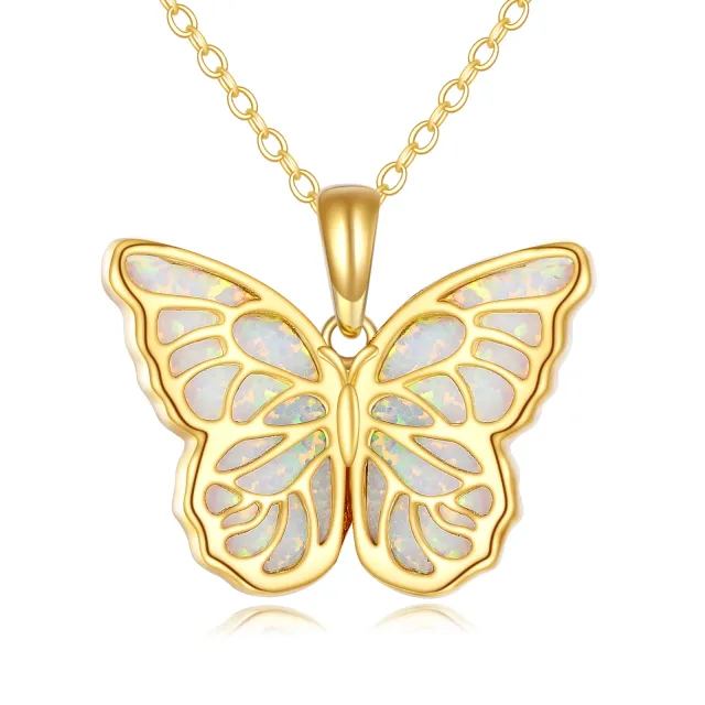 14K Gold Opal Hollow Butterfly Pendant Necklace-0