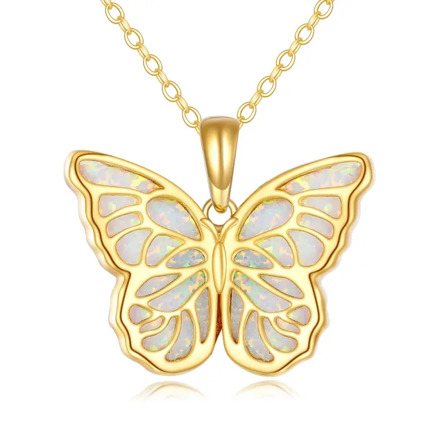 Collier pendentif papillon creux en or 14K et opale-0