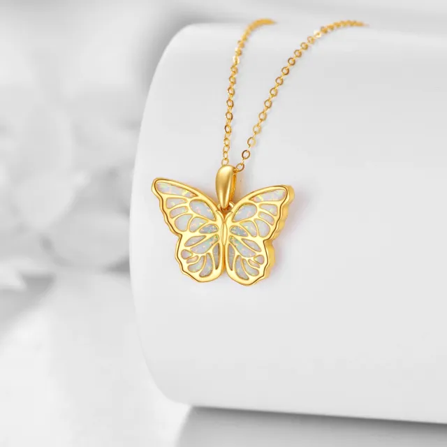 14K Gold Opal Hollow Butterfly Pendant Necklace-3