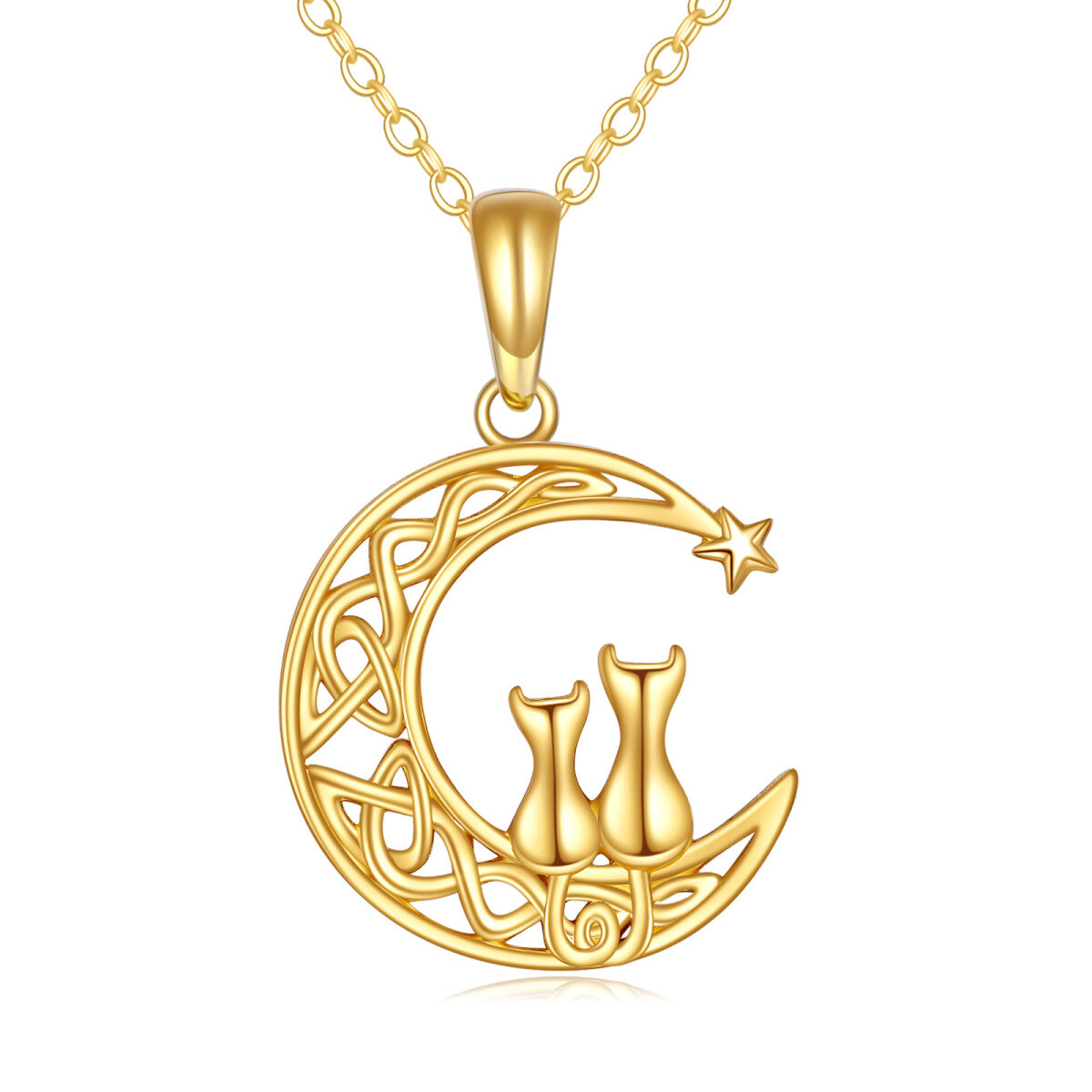 Collier en or 14K à pendentifs en forme de couple. de chat et d'étoile de lune-1