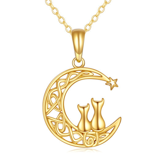 14K Gold Couple Cat & Moon Star Pendant Necklace