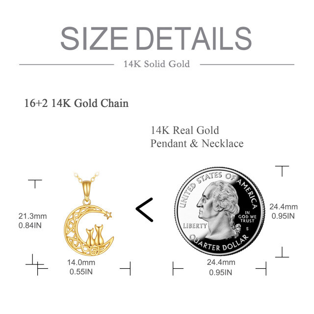 14K Gold Couple Cat & Moon Star Pendant Necklace-4