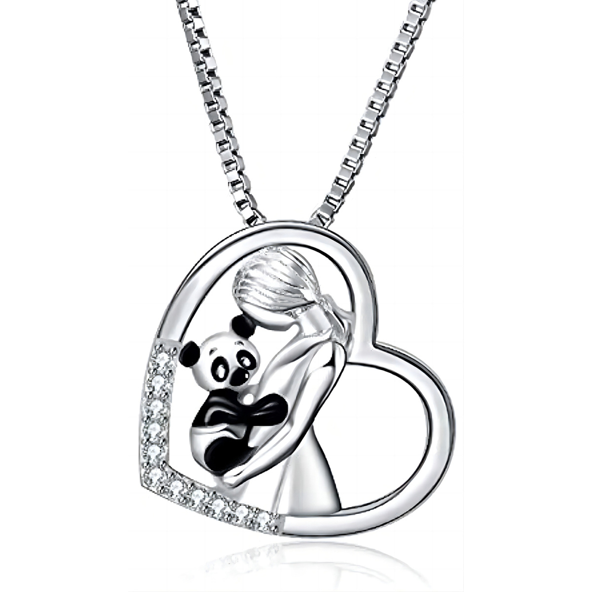 Sterling Silver Circular Shaped Cubic Zirconia Panda & Heart Pendant Necklace-1