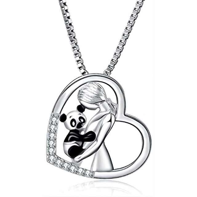 Sterling Silver Circular Shaped Cubic Zirconia Panda & Heart Pendant Necklace-0