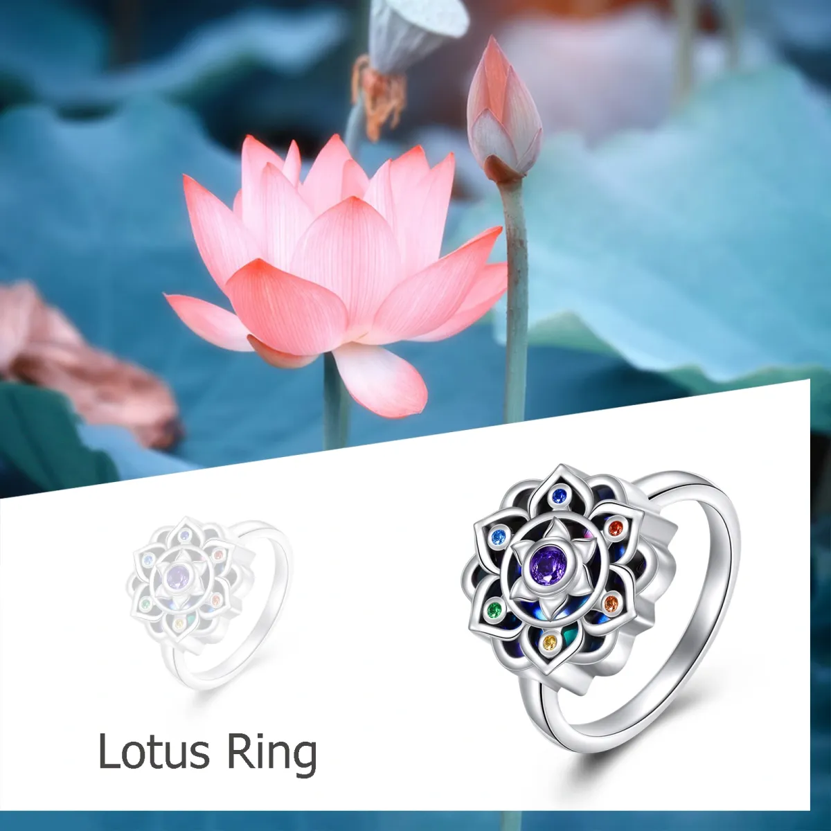 Bague lotus en argent sterling avec zircon de forme circulaire-6