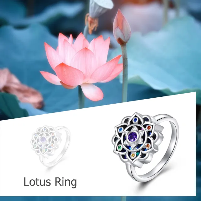 Sterling Silver Circular Shaped Zircon Lotus Ring-5