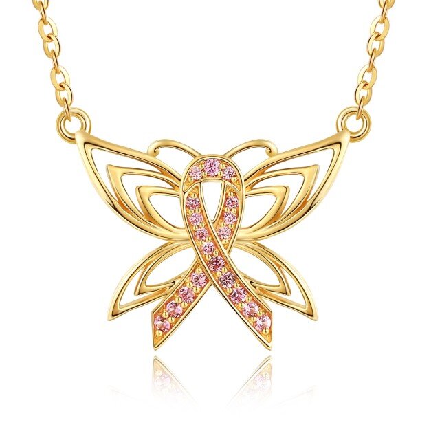 14K Two-tone Circular Cubic Zirconia Butterfly & Breast Cancer Pendant Necklace-1