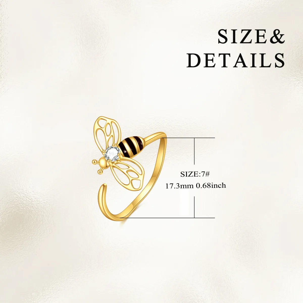 Anillo abierto de abejas con circonita cúbica de oro de 14 quilates-5