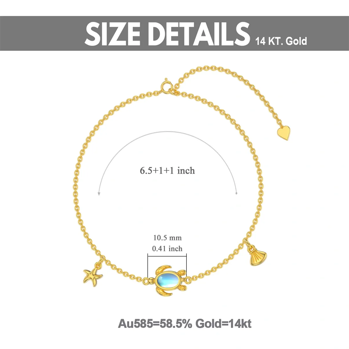 14K Gold Oval geformt Mondstein Schildkröte Anhänger Armband-5