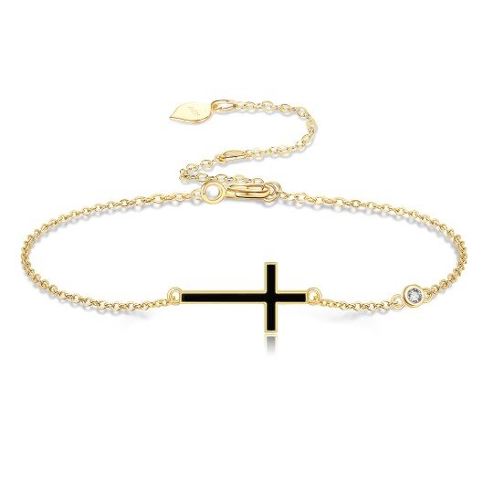 Pulseira com pingente de cruz de ágata em ouro amarelo 14K