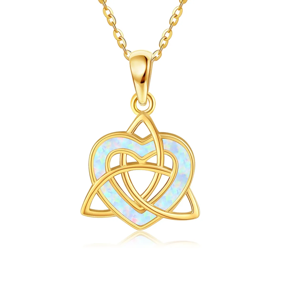 14K Gold Herzförmiger Opal Keltischer Knoten & Herz Anhänger Halskette-1