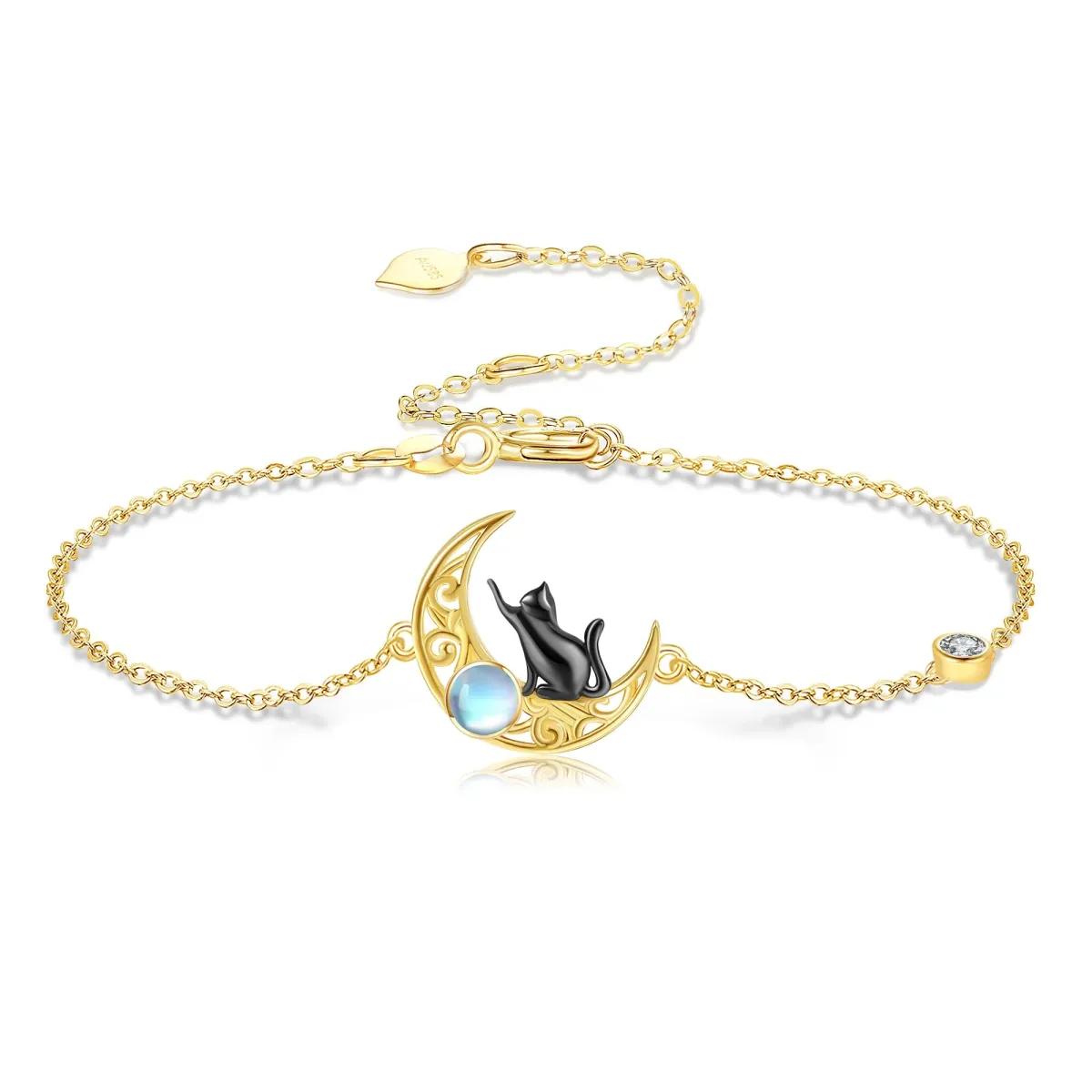 Pulsera Colgante Gato y Luna de Oro de 14K-1