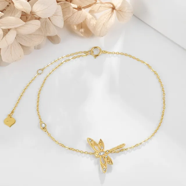 Pulseira com pingente de libélula em zircónio cúbico em ouro de 14K-2