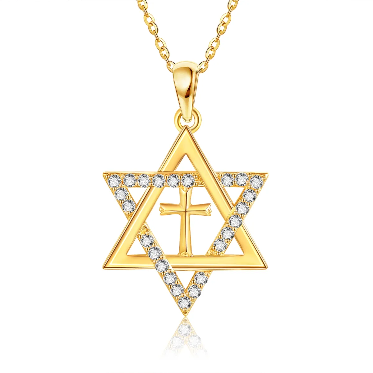 14K Gold Cubic Zirconia Cross & Star Of David Pendant Necklace-1