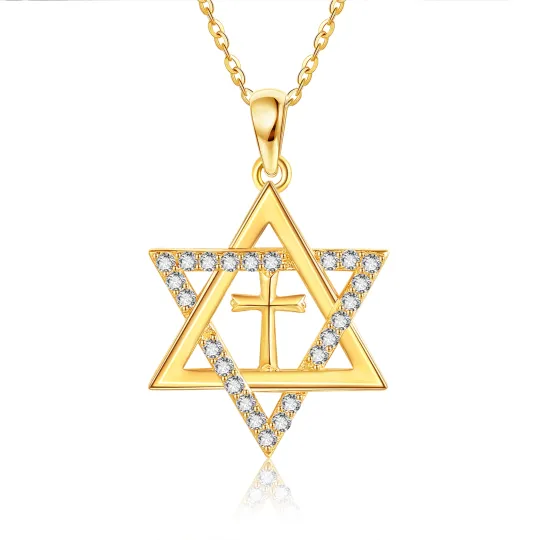 14K Gold Cubic Zirconia Cross & Star Of David Pendant Necklace