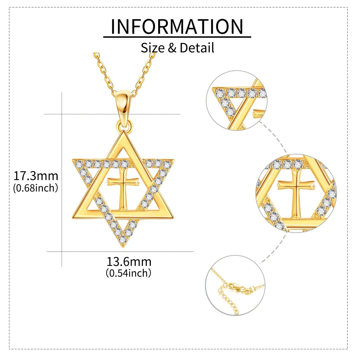 14K Oro Cubic Zirconia Cruz y Estrella de David Collar Colgante-5