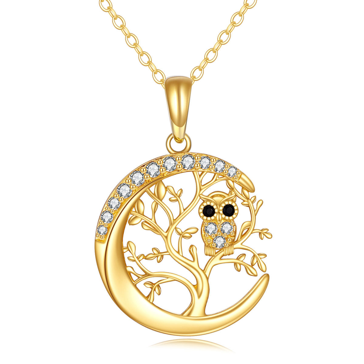 14K Gold Cubic Zirconia Owl & Tree Of Life & Moon Pendant Necklace-1
