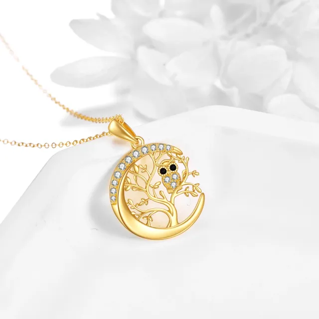 Collier en or 14K à zircon cubique avec pendentif hibou, arbre de vie et lune-3