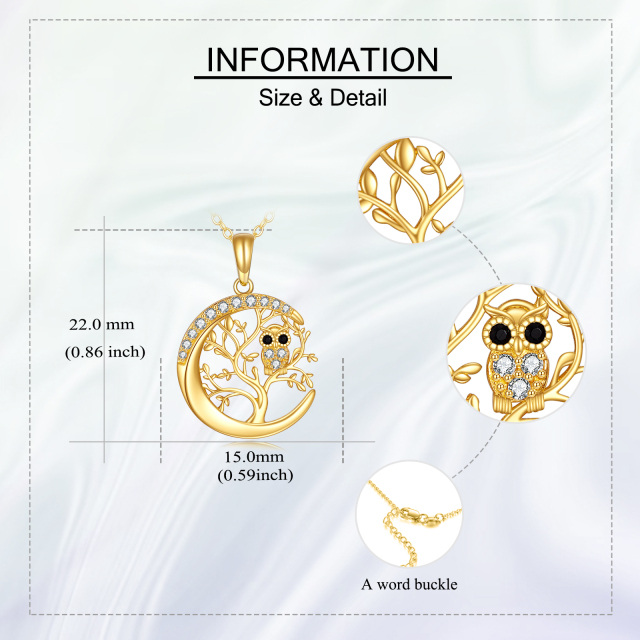 Collier en or 14K à zircon cubique avec pendentif hibou, arbre de vie et lune-4