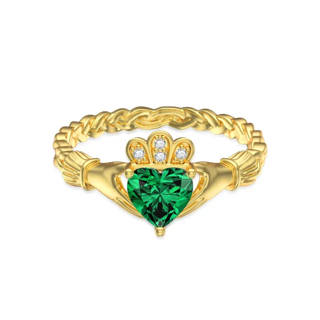 14K Gold Crystal Heart & Hold Hands Ring-0