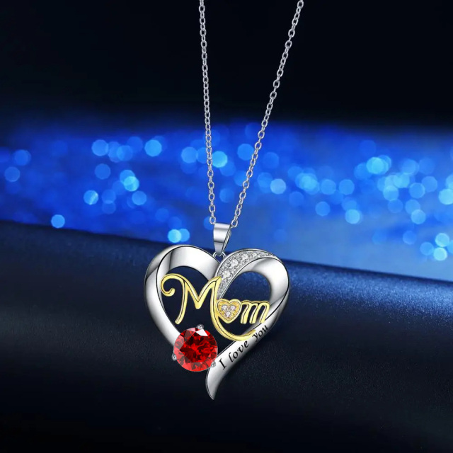 Sterling Silver Two-tone Circular Shaped Cubic Zirconia Personalized Birthstone & Heart Pendant Necklace with Engraved Word-3